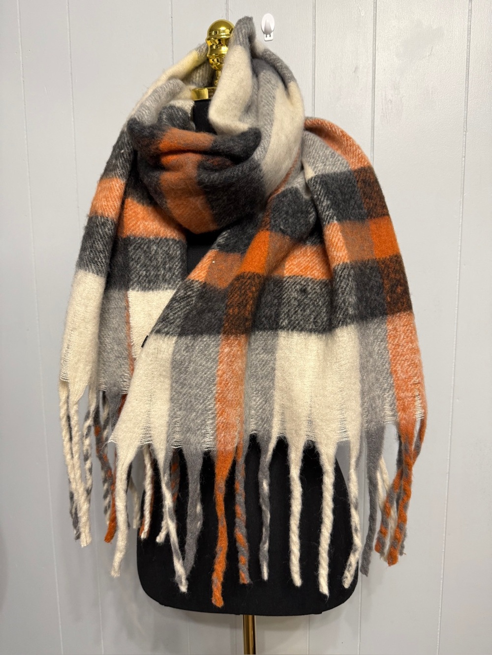 Woven Plaid Fringe - Cream, Gray & Orange